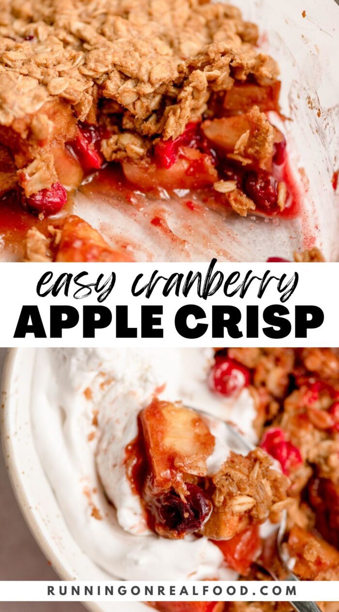 Pinterest graphic for an apple cranberry crisp recipe with 2 images of the crisp and a stylized text overlay title.