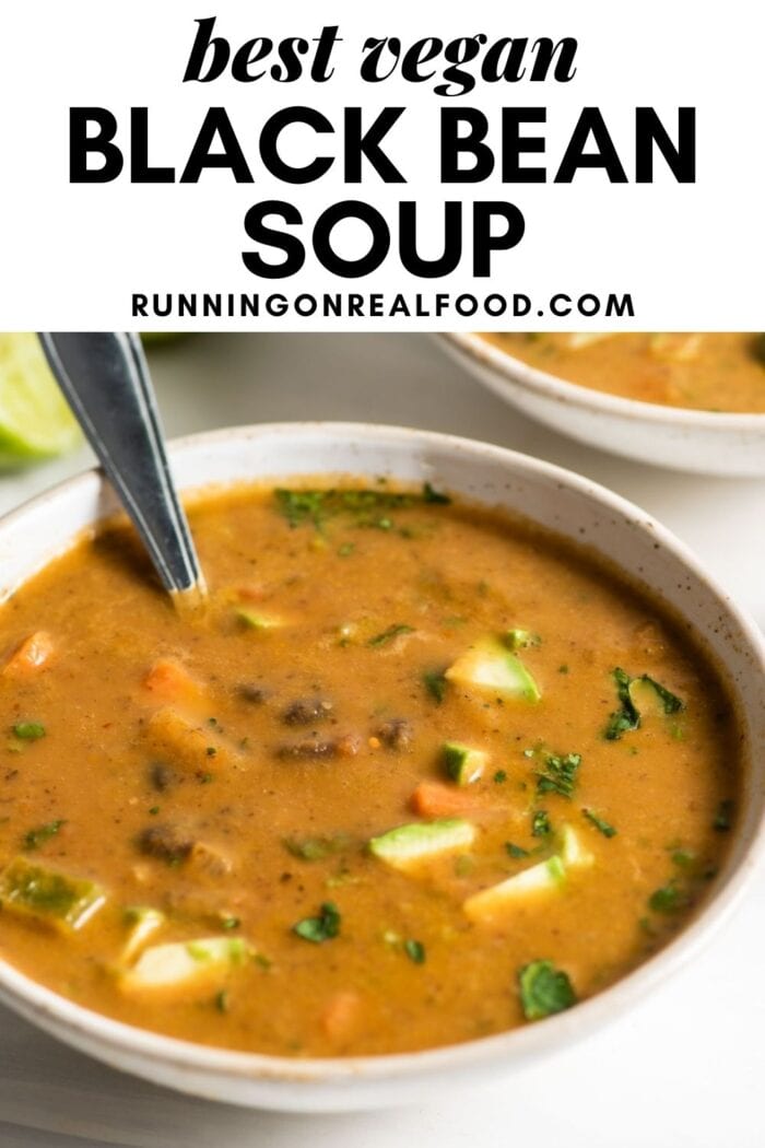 Pinterest graphic with an image and text for black bean soup.