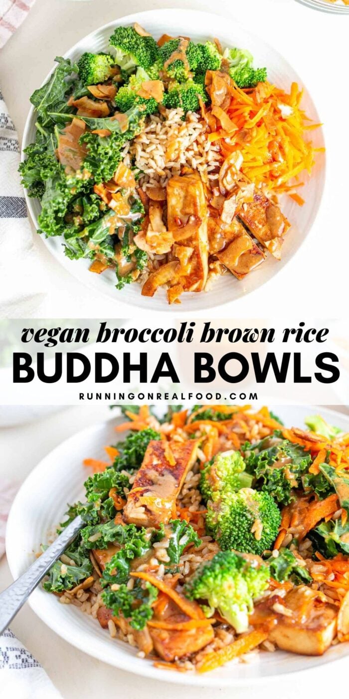 Pinterest graphic with an image and text for broccoli brown rice bowls.