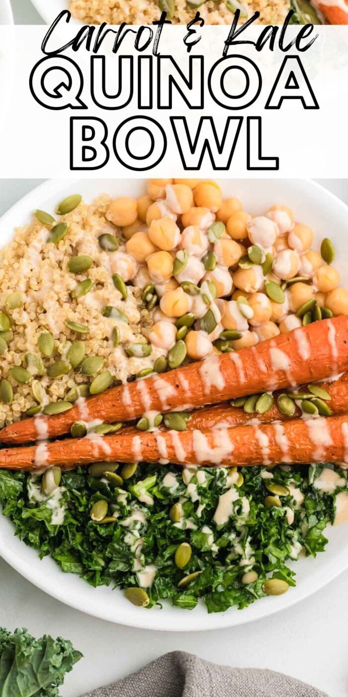 Pinterest-style graphic with an image and text for a vegan carrot, kale, chickpea and quinoa salad recipe.