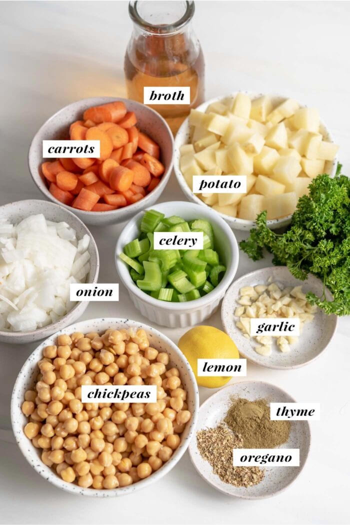 Visual of ingredients needed for making chickpea chowder soup recipe. Each ingredient is labelled with text.