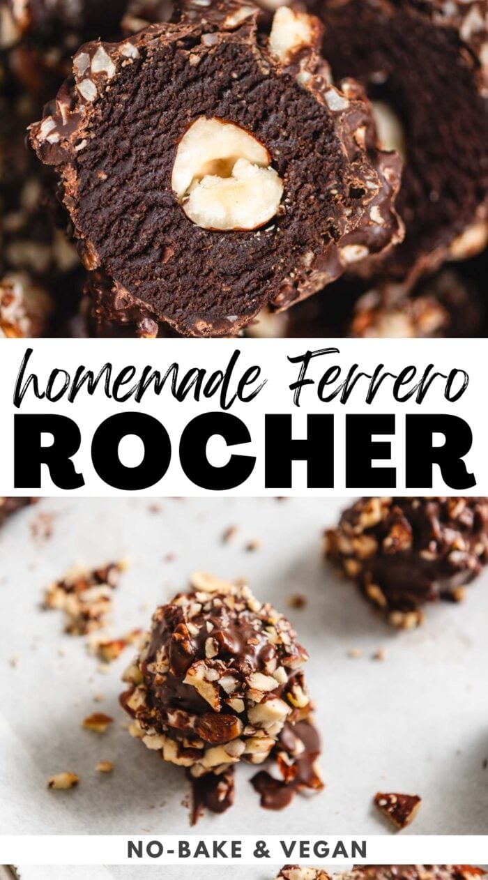 Pinterest graphic for a ferrero rocher recipe with two images of the candy and a stylized text title.