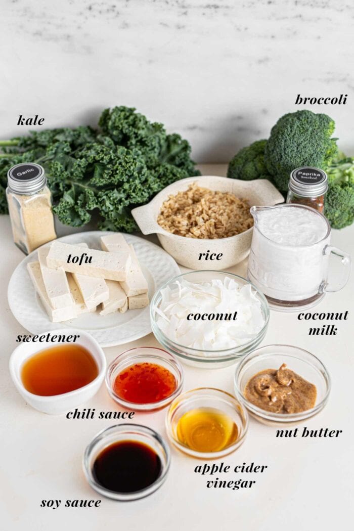 Kale, broccoli, rice, coconut milk and various sauces in bowls on a countertop.
