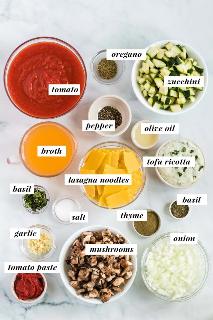 Visual list of ingredients for making a kale lentil soup.