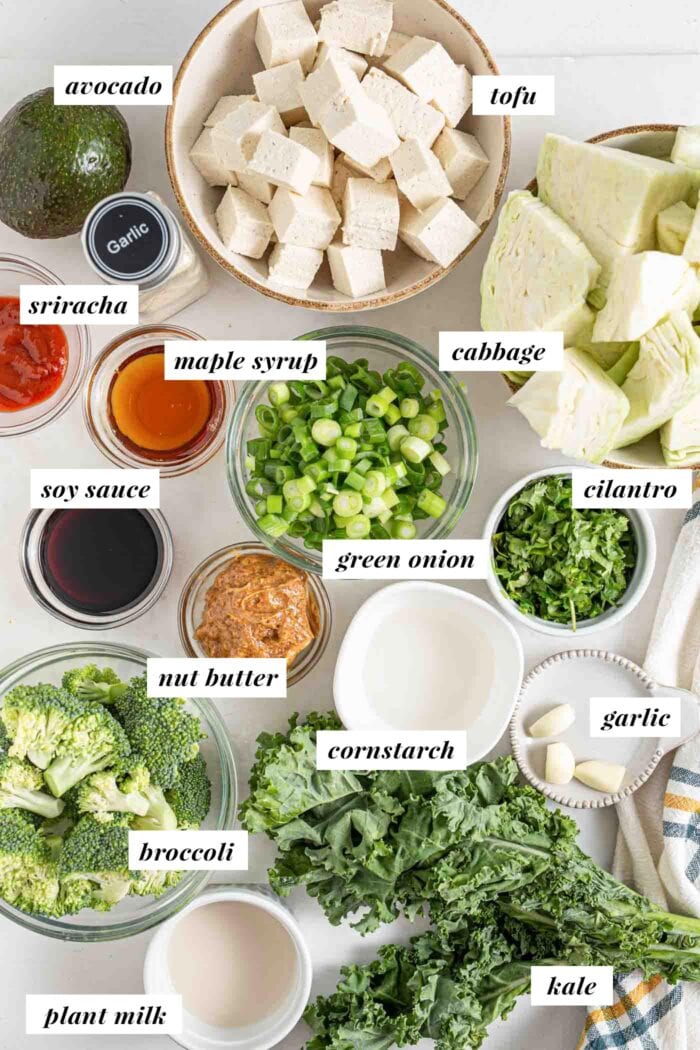 Labelled photo of ingredients for a low-carb dinner bowl.