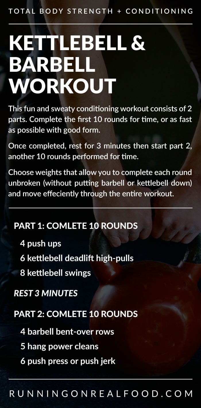 Written workout instructions for a kettlebell and barbell conditioning wokrout.