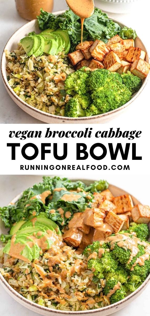 Pinterest graphic with an image and text for a low-carb vegan dinner bowl.