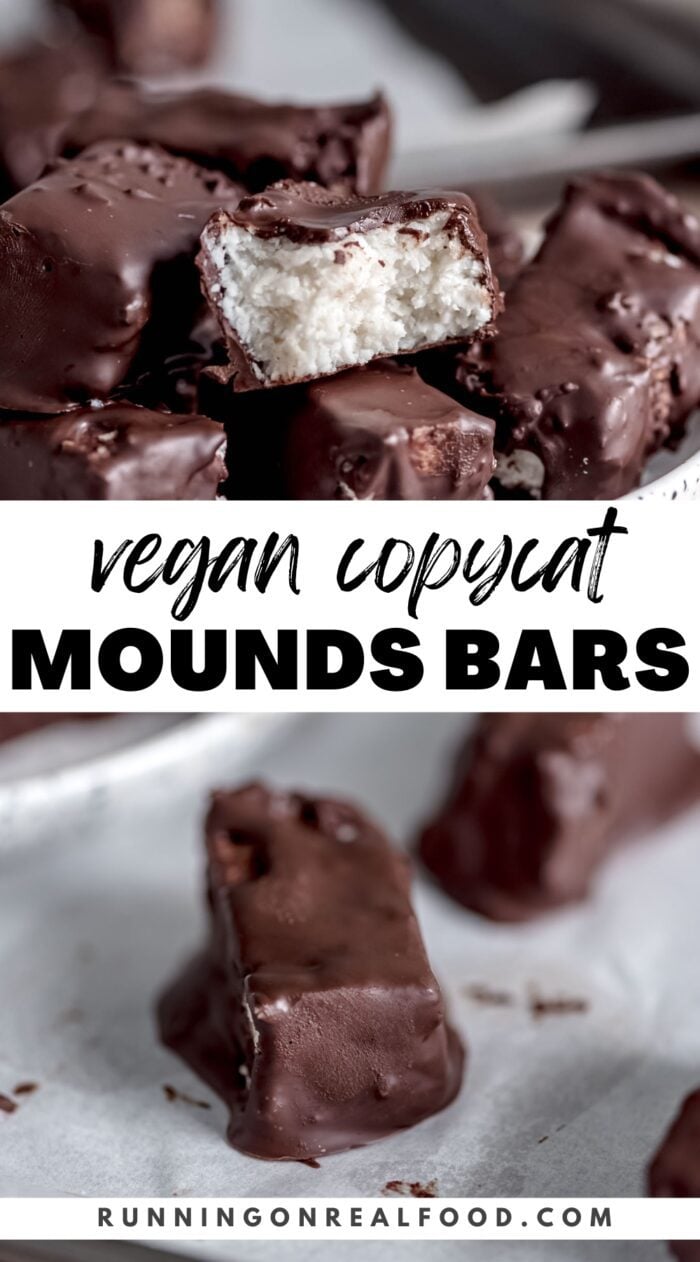 Pinterest graphic for a vegan Mounds bar copycat recipe with images of the bars and a text title.