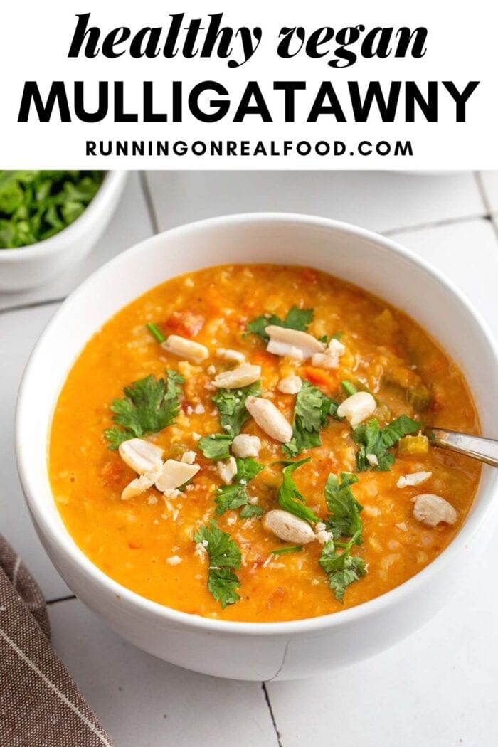 Pinterest graphic with an image and text for mulligatawny soup.