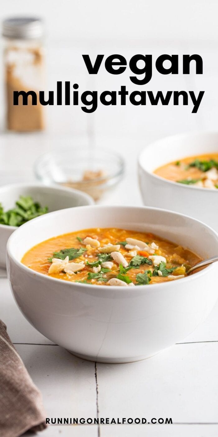 Pinterest graphic with an image and text for mulligatawny soup.