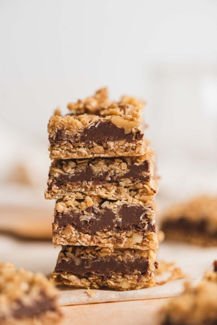 A stack of 4 oatmeal chocolate bars that look like the oat fudge bar from Starbucks.