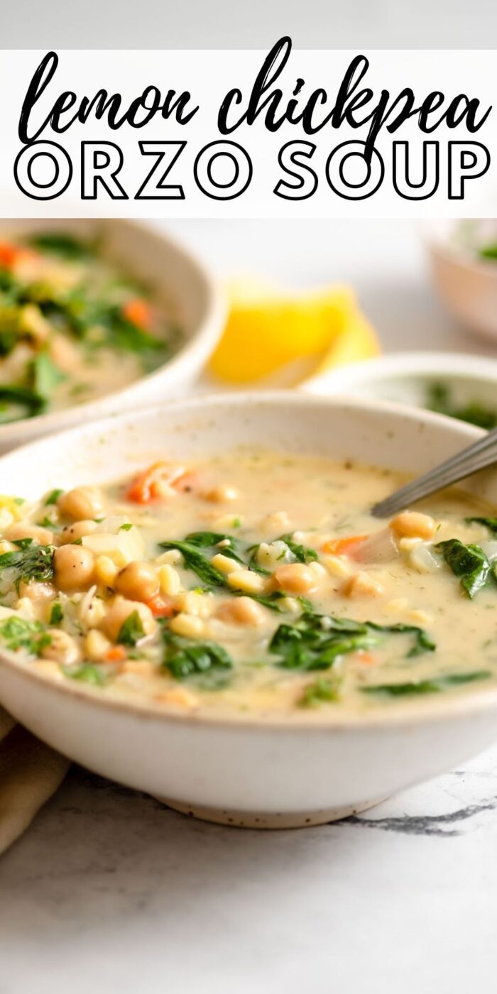 Pinterest graphic with an image and text for vegan lemon chickpea orzo soup.