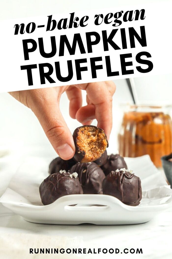 Pinterest graphic with an image and text for pumpkin truffles.
