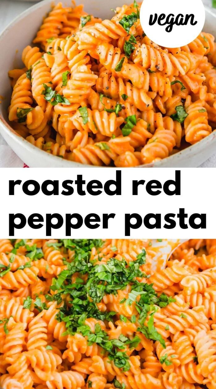 Pinterest graphic with an image and text for vegan roasted red pepper pasta.
