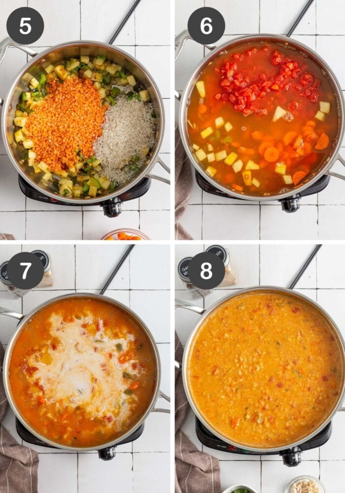 Visual of step by step instructions for making mulligatawny soup.