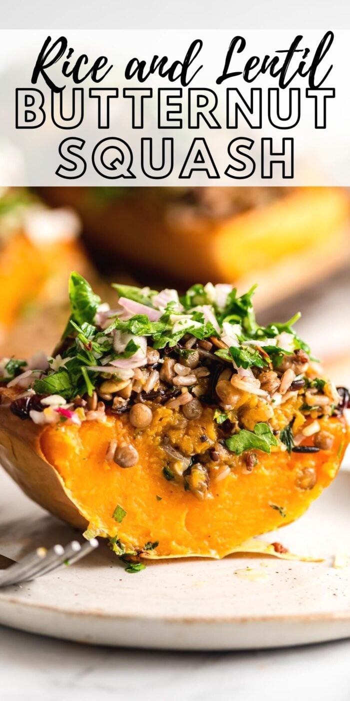 Pinterest graphic with an image and text for stuffed squash.