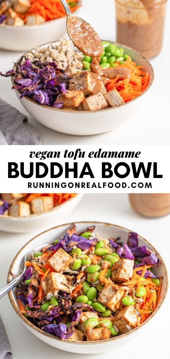 Pinterest graphic with an image and text for tofu edamame buddha bowls.