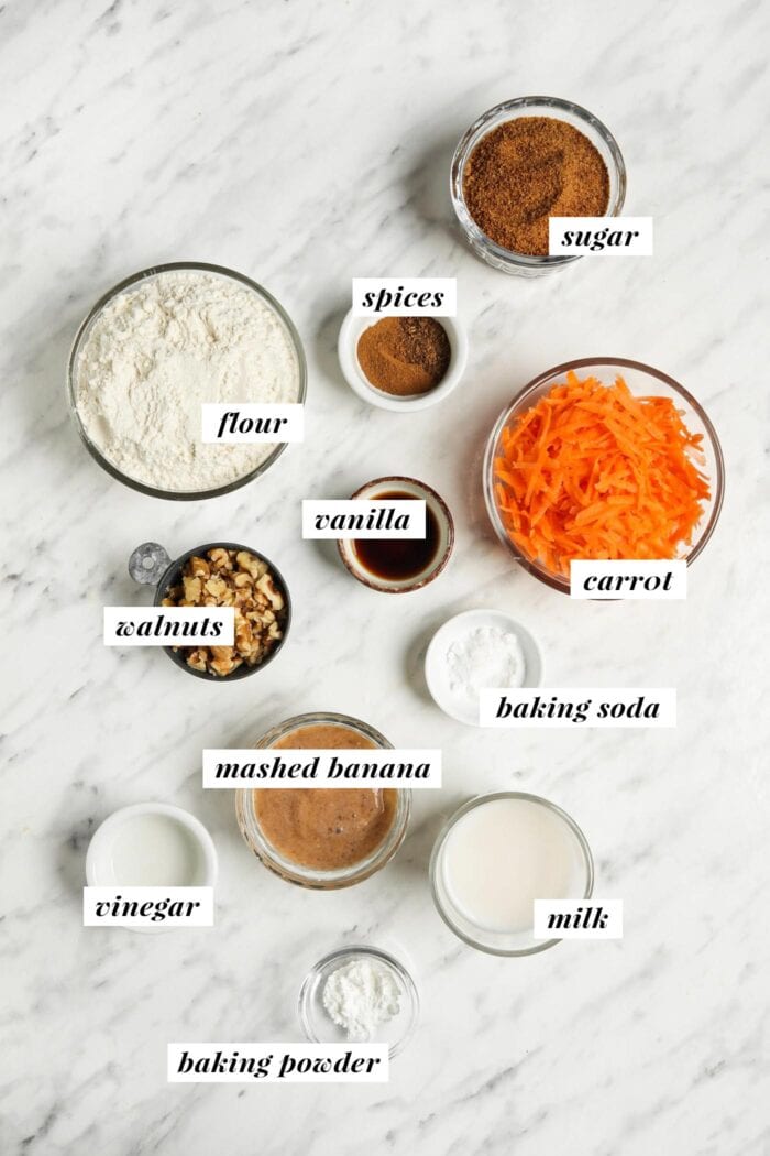 Visual list of ingredients needed for making a carrot banana bread.