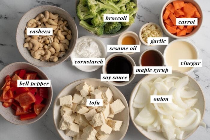 All the ingredients needed for making a cashew tofu stir fry recipe.