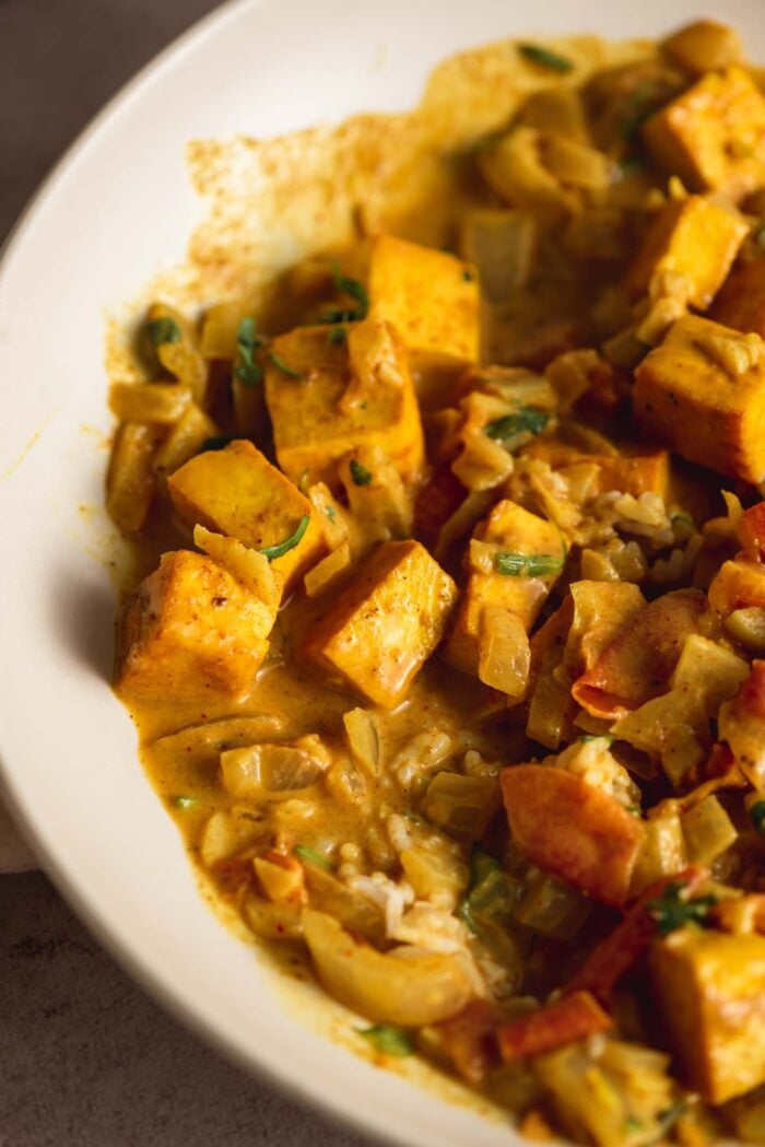 Coconut curry tofu with spices, tomato and onion mixed with rice in a bowl.