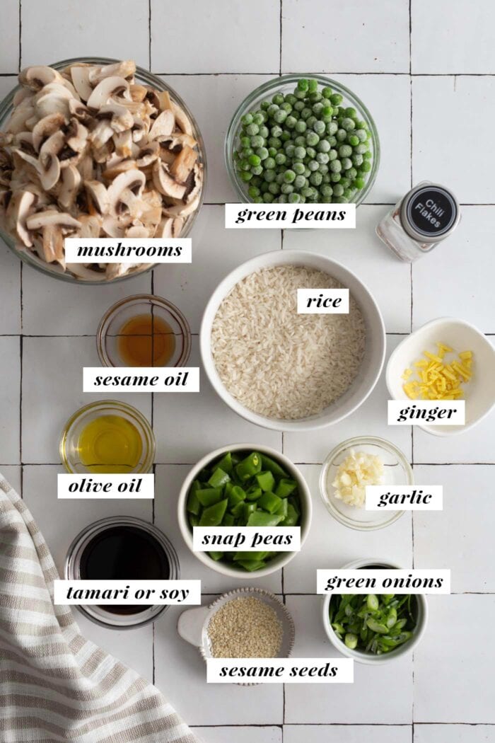 Visual of all ingredients needed for making mushroom fried rice recipe labelled with text overlay.