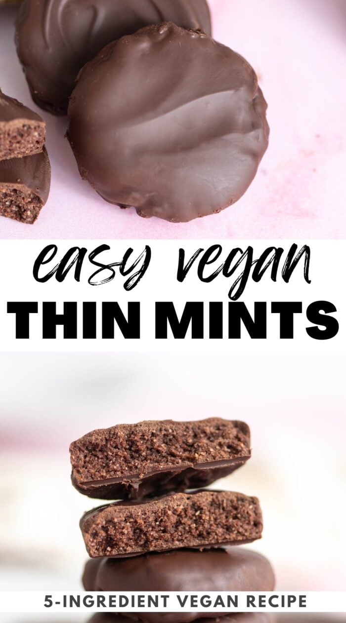 Pinterest graphic for a vegan thin mints recipe with two images of the cookies and stylized text title.