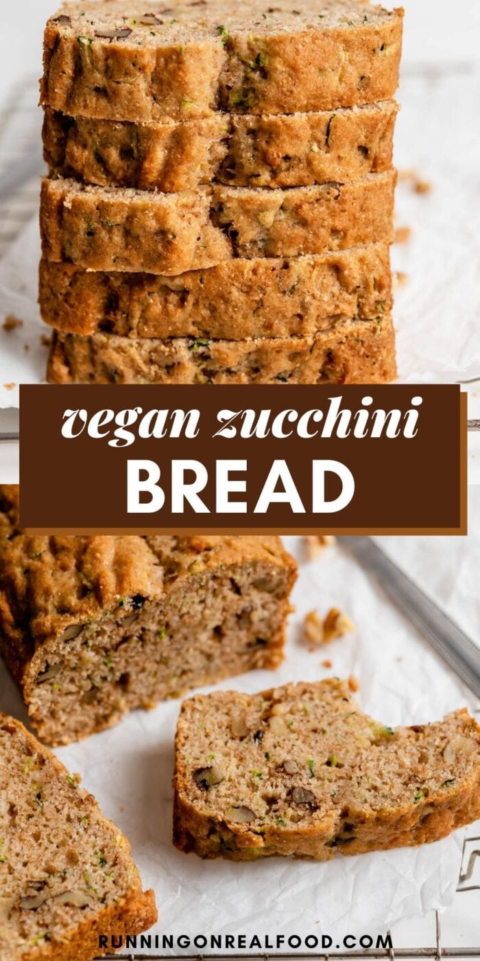 Pinterest graphic with an image and text for vegan zucchini bread.
