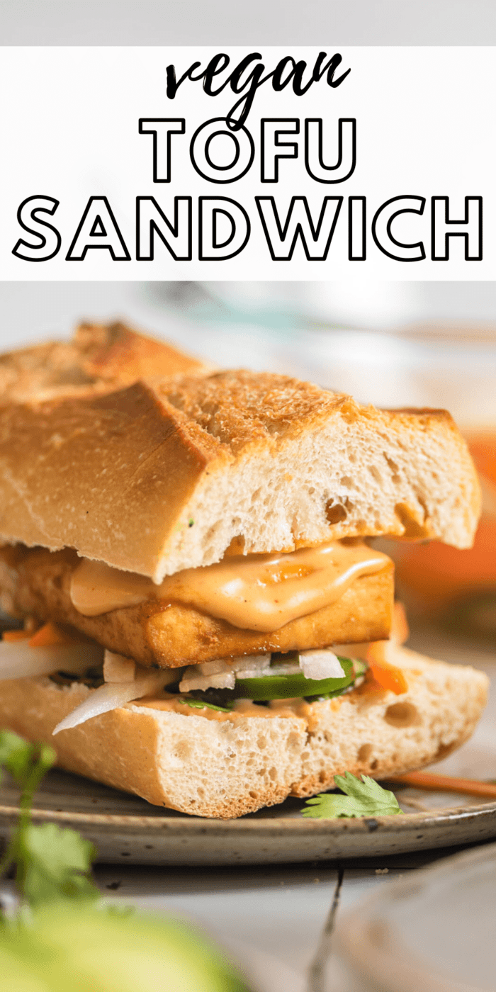 Pinterest graphic with an image and text for vegan tofu bahn mi.