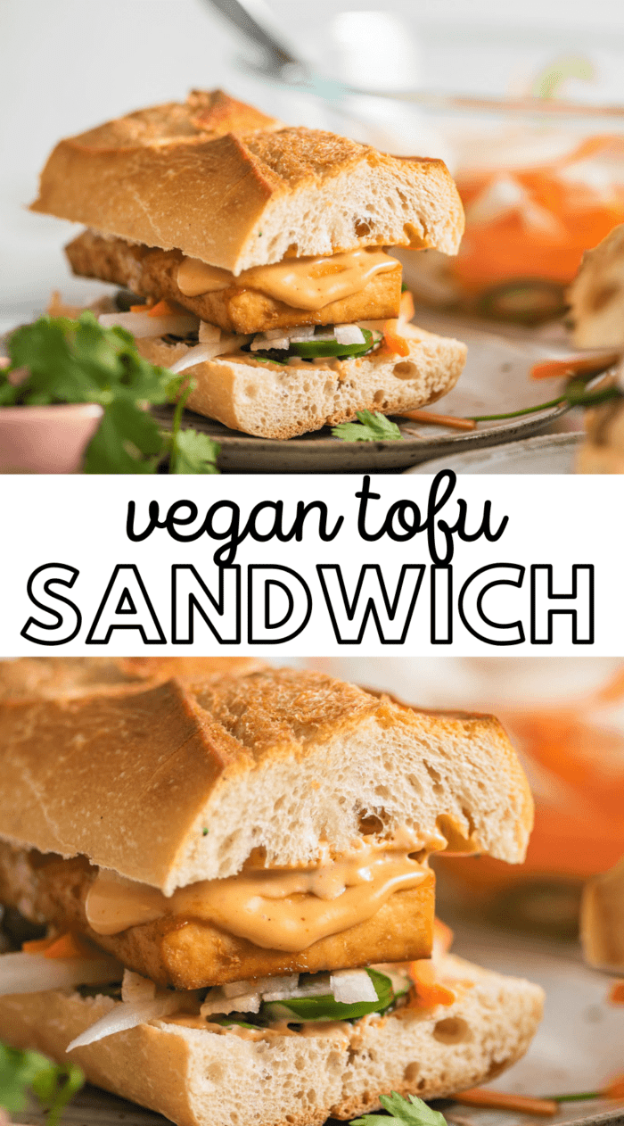 Pinterest graphic with an image and text for vegan tofu bahn mi.